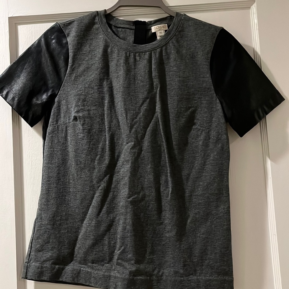 J Crew Factory XS ladies top. Cotton/polyester (leather-like) sleeve. Grey/black